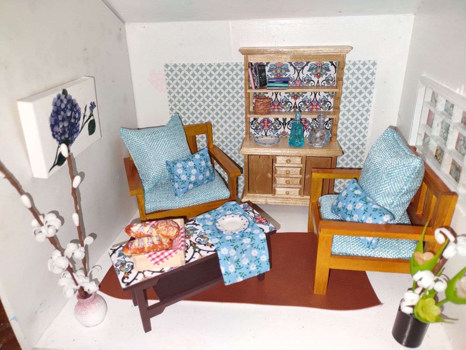 Dollhouse Furniture 1:12 Living Room Set  Armchairs Hutch Ta