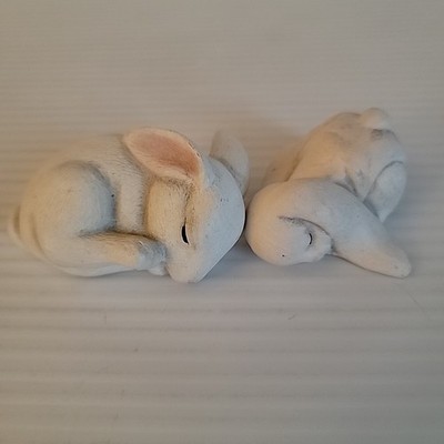 Vintage Sleeping Bunny Figurines Set Matte Bisque Pottery Rabbits Pair 2.25''