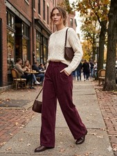 CIDER Corduroy Wide Leg Pants L Wine Burgundy Pleated High Waist Trouser Twee 70