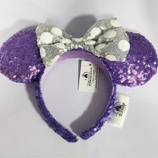 Disney- Parks Purple Silver Sequins Mickey Mouse Minnie Ears Bow Headband NWT