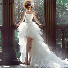 White Organza Hi Low Wedding Dresses Lace Appliques Lace Up Layered Bridal Gowns