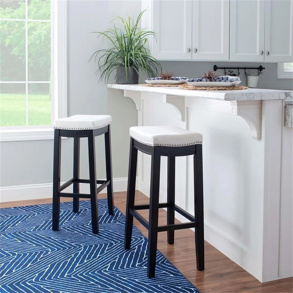 Linon Claridge Backless Bar Stool White Faux Leather Wood Frame in Black Finish - Image 2 of 4