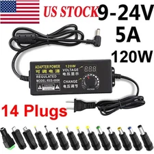 9V-24V 5A 120W Adjustable Voltage Power Supply Adapter Transformer 14 Plugs US