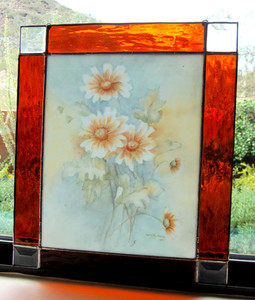 Handmade Stained Glass 11" x 13" Floral Painting Glass Panel Leaded Glass Frame