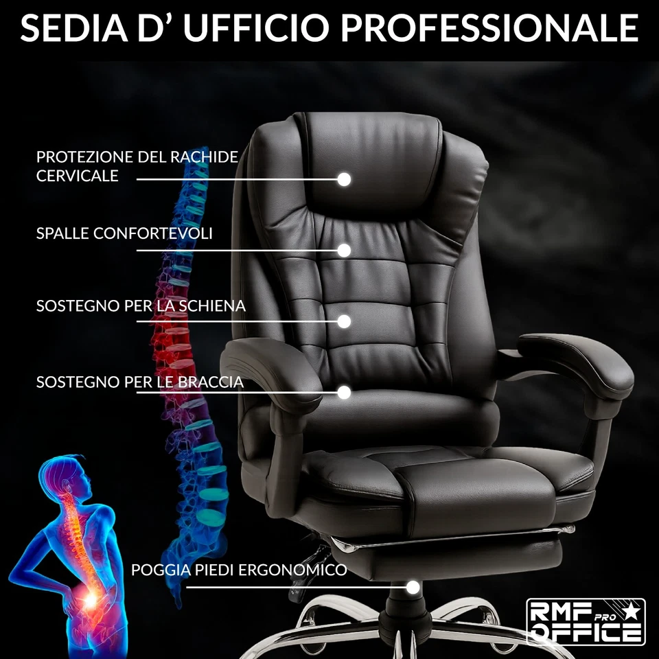 Sedia da Ufficio Ergonomica Presidenziale Girevole in Eco Pelle Nera - Image 4 of 4