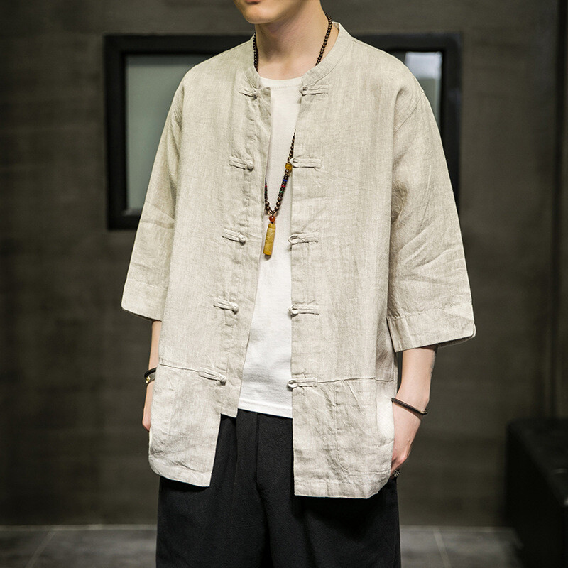 Chinese Style Cotton Linen Shirt Men Retro Frog Button Cardigan