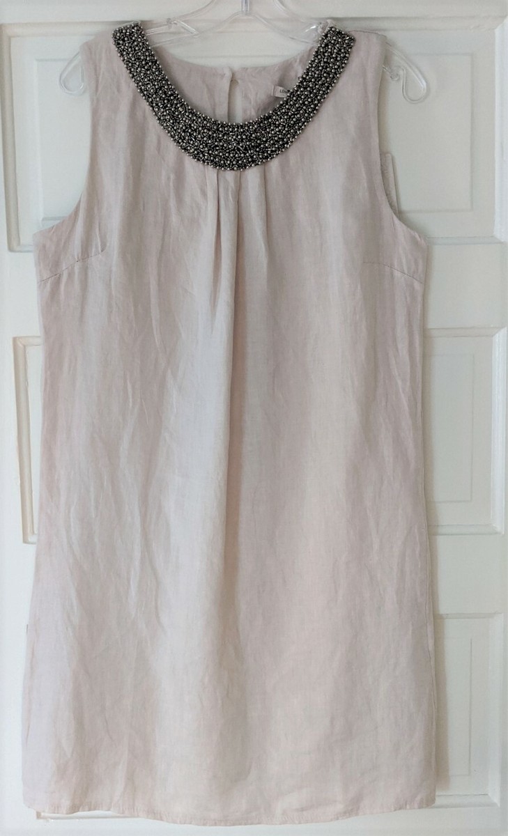 ITALIAN Dress Women M Tan Linen BEADED Neck Shift Sleeveless comfortable  NWT | eBay