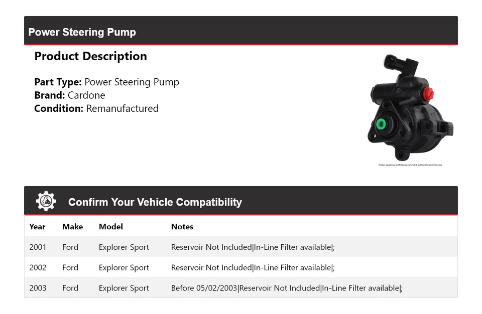 Bomba de dirección asistida deportiva Cardone 2002 para Ford Explorer 2001-2003 Foto 2 de 4