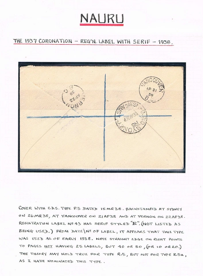Nauru Coronation Uso Conocido Más Antiguo de Etiqueta Reg "Serif" - SC 35-38 [SG 44-47] C1 Foto 4 de 4