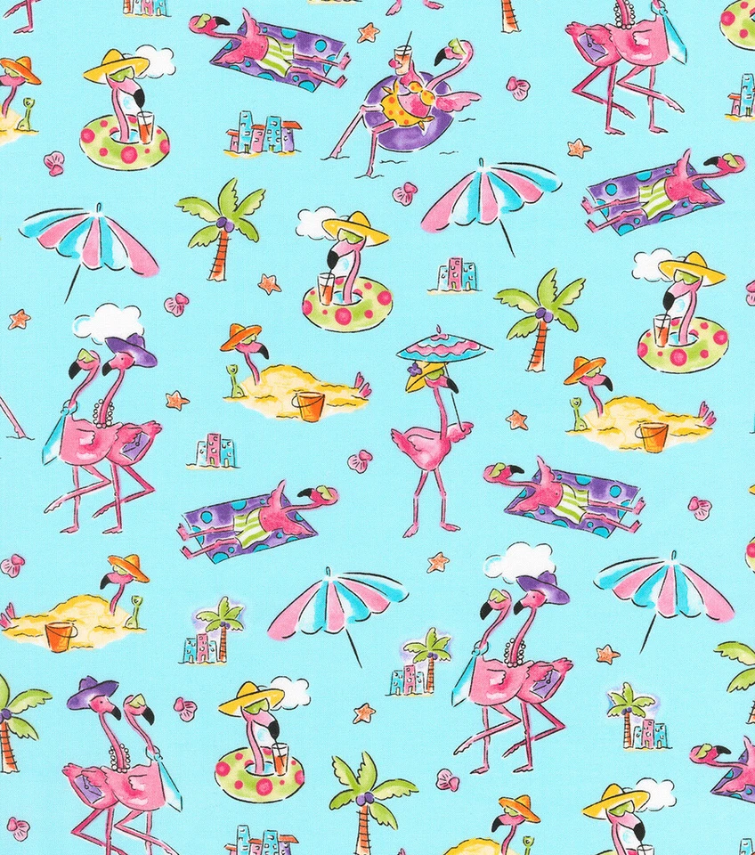 BTY FLAMINGO BEACH on Blue Print Fabric 100% Cotton Quilt Craft Fabric by YARD - Image 3 of 3