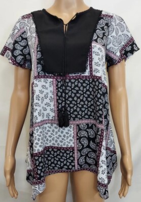 JONES NEW YORK Blouse Size Small Black, White Paisley Patchwork 4% Elastane