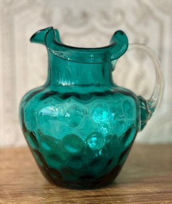 Teal Green Optic Glass Small Pitcher Hand Blown Applied Handle 5'' Coin Dot