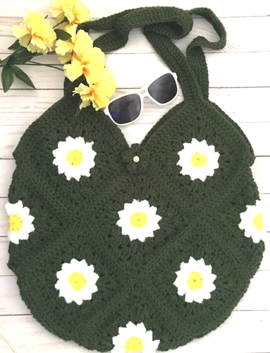 GIFT FOR MOM SUMMER BAG CROCHET SHOULDER HANDBAG LARGE TOTE YELLOW GREEN LINED