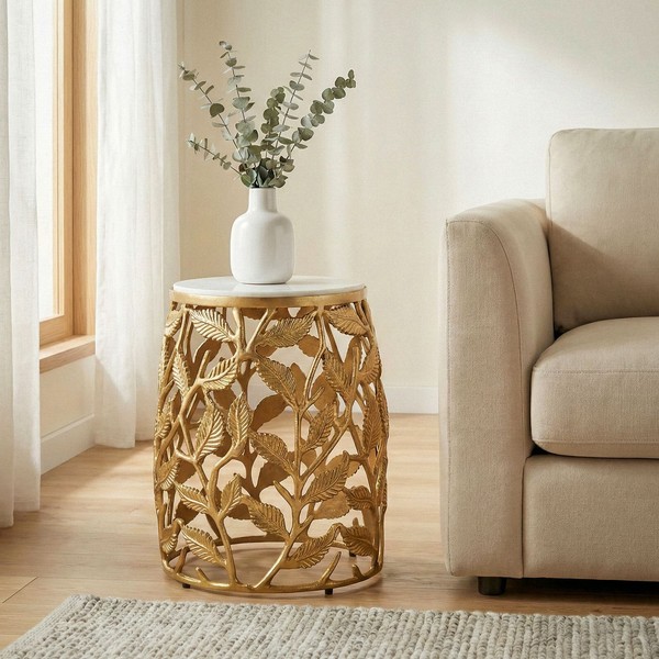 Beistelltisch 40Cm Gold Marmor Wohnzimmertisch Alu Sofatisch Couchtisch Rund-image