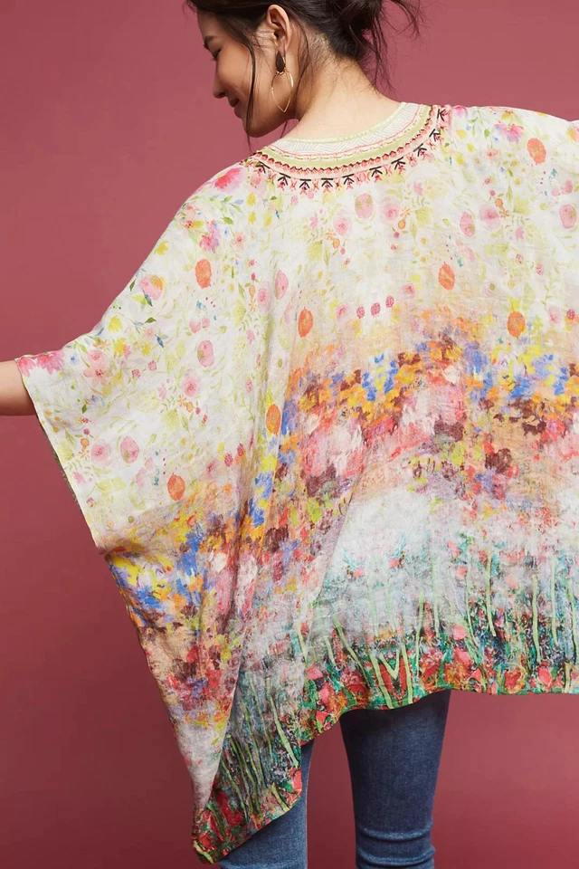 Bl-nk for Anthropologie Beaded Linen Poncho NWT OS - Image 4 of 4