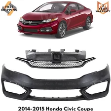 Front Bumper Cover Fascia & Grille Assembly Kit For 2014-2015 Honda Civic Coupe