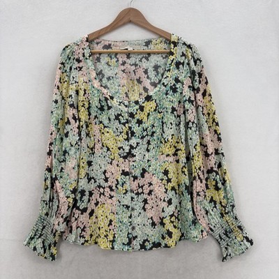LOFT Blouse Womens Large Multicolor Floral Scoop Neck Button Front Long Sleeve