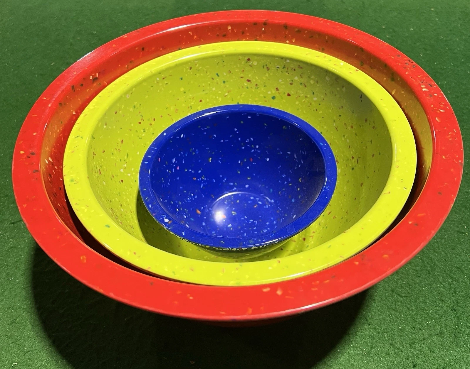 Set of 3 Zak Designs Confetti Nesting Mixing Bowls in red, yellow, and blue.