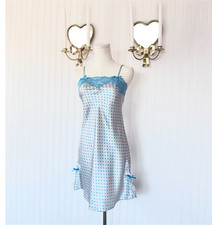 Vintage Y2K Coquette Blue Polka Dot Satin Bow Slip Dress - Medium