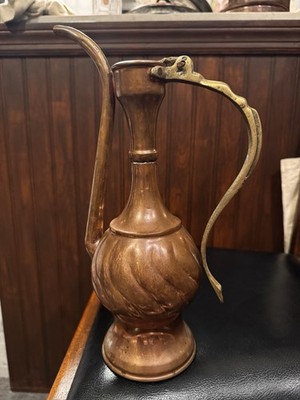 VINTAGE COPPER WATER PITCHER JUG LONG SPOUT BRASS-TONE HANDLE