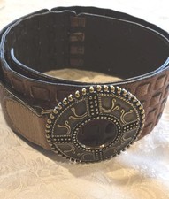 Chicos Brown Leather Belt Beautiful Buckle And Detailed Leather Approx 43 " Long