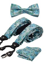 Adjustable Plaid Floral 6 Clips Y Shape Suspenders Pre-tied Cyan/Green/Blue