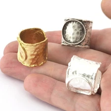 Hammered Ring Adjustable Blank Bezel Settings Raw Brass, Antique Silver, 2497