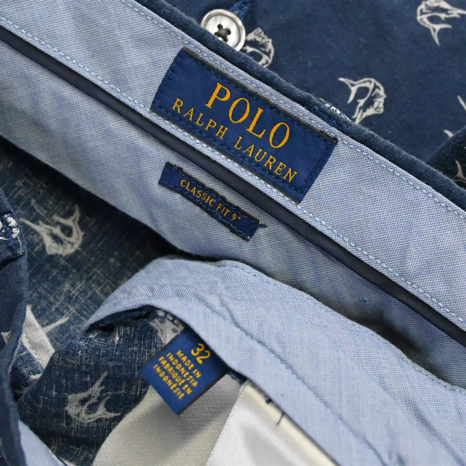 Polo Ralph Lauren 32 x 9" Navy Blue All Over Swordfish Linen Chino Shorts - Image 3 of 4