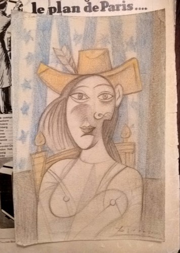 SALE Woman Seated CUBISM PABLO PICASSO Brown Blue Red Chalk Signed