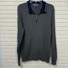 Club Room Gray Cable Knit 1/4 Zip Sweater Navy Ribbed Collar Size L