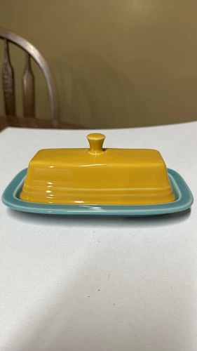 Fiesta Ware Small Covered Ceramic Butter Dish turquoise and marigold