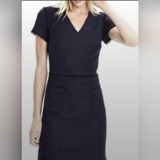BANANA REPUBLIC Navy Blue Speckle Tweed Flannel Wool Fringe Sheath Dress Burnout