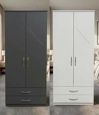 Ready Assembled Tall Wooden 2 Door Wardrobe With 2 Drawer Bedroom Storage
