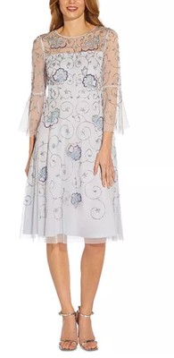 Adrianna Papell Women Blue Beaded Illusion Bell-Sleeve Dress Size 4