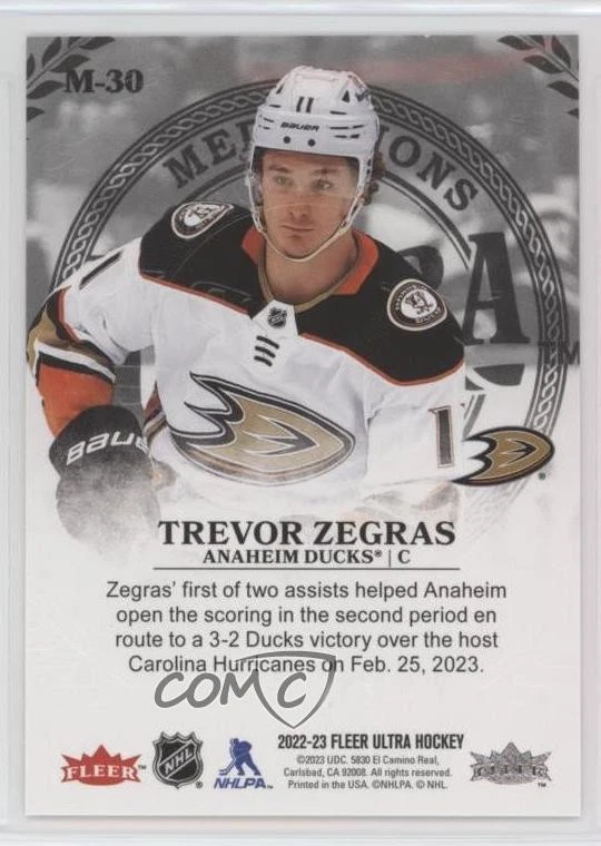 2022-23 Upper Deck Fleer Ultra Medallions Trevor Zegras #M-30 - Image 2 of 2