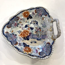 Antique Stone China Decorated Imari Style Sweet Meat Dish with Handle 6"