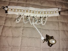 NEW! Fashion Jewelry Bracelet W.Attached Ring White Lace, Pearls Chain Set B8