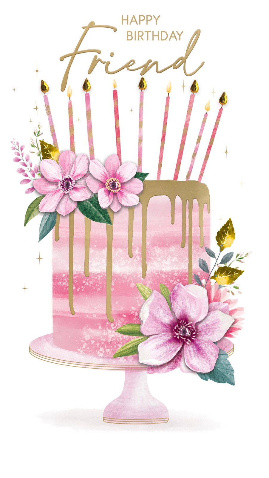 Happy Birthday Friend Embellished Floral Birthday Cake Champagne Greeting Card