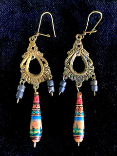 Vintage Earrings Peruvian Clay Hand Painted Alpacas Dangle Drop Ornate Brass