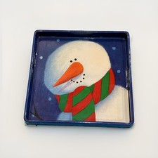 St. Nicholas Square Blue Square Snowman Decoupage Serving Platter Tray 14”