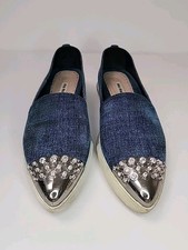 Miu Miu Loafers Denim Bling Women's Sneakers 7 36 Embellished Shoes Point Toe