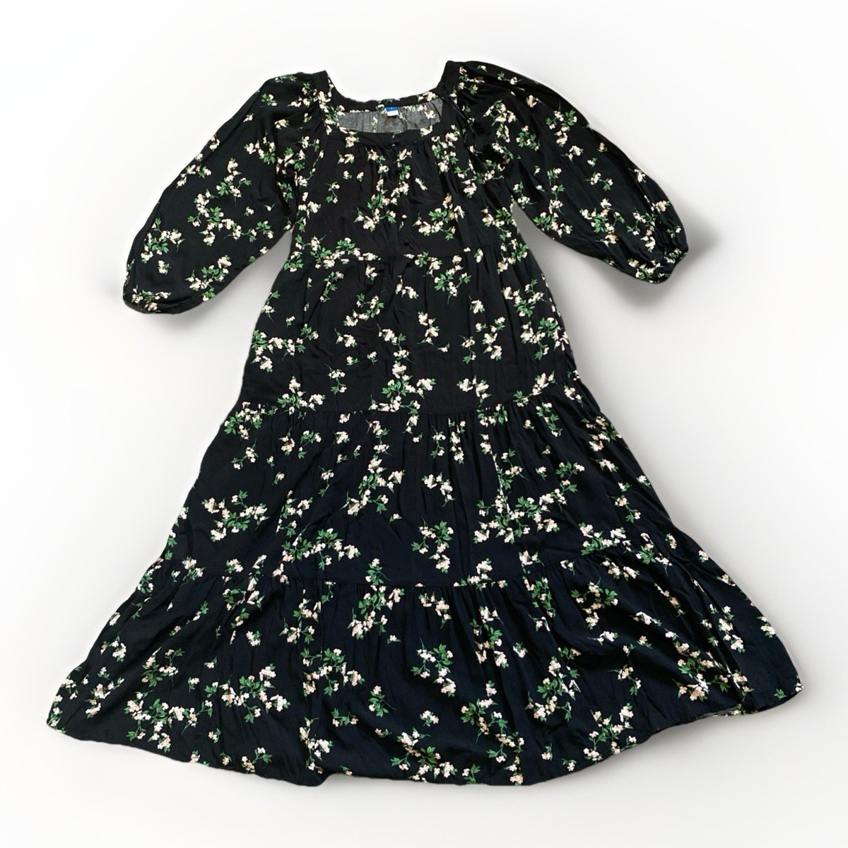 old navy tiered midi dress Old Navy Tiered Dress S Black Floral Peasant Square Neck Midi Pockets Boho  Fall