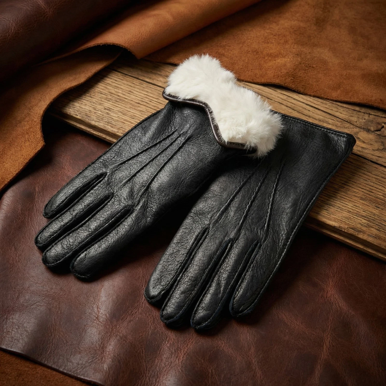 Women’s Black Deerskin Winter Gloves with Rabbit Fur Lining
