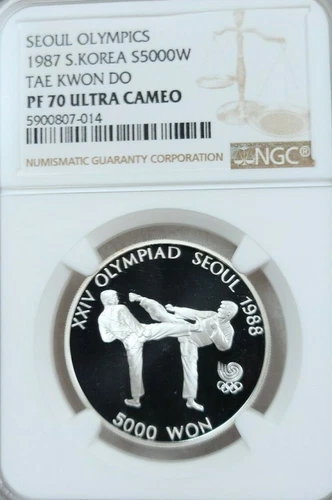 1987 SOUTH KOREA SILVER 5000 WON TAE KWON DO NGC PF 70 ULTRA CAMEO PERFECTION