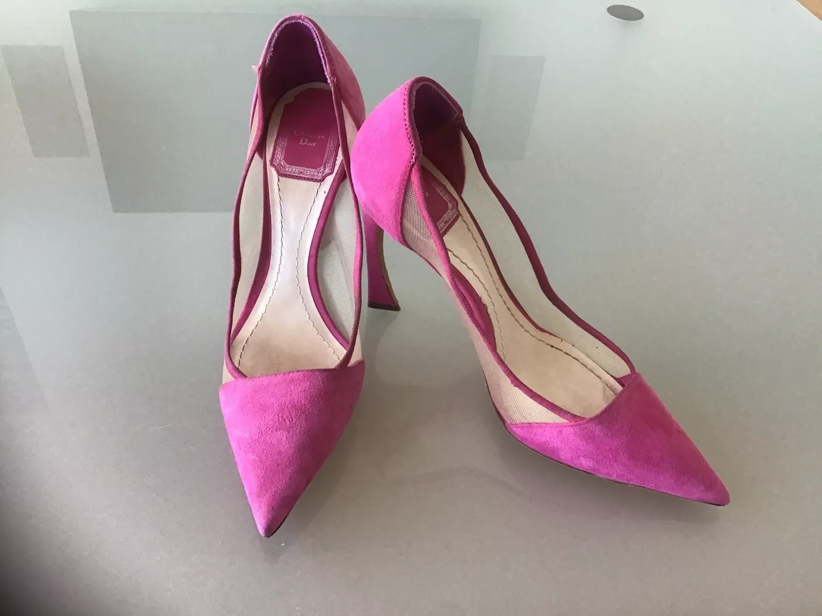 Christian Dior rose vif daim cuir maille talons 4” 37 7 Barbie Core authentique
