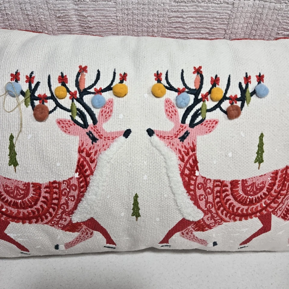 Threshold Christmas Reindeer Throw Pillow Scandi Rectangle Pompoms Tassels 19x12 - Image 3 of 4