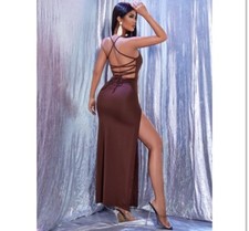 Lace Up Back Split Thigh Crisscross Maxi Party Dress Coffee Brown Medium