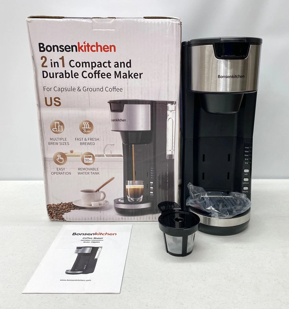 NEW Bonsen Kitchen 2 in 1 Compact Single Serve Coffee Maker For Pods Or  Ground