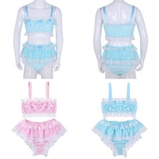 Men's Ruffles Lace Satin Sissy Lingerie Bra Skirted Panties Crossdress
