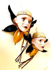 Mardi Gras Wall Art Face Mask Lot of 2 Porcelain /Ceramic Hand Painted 16" ea